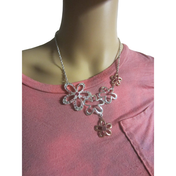 Fashion Jewelry Jewelry - SAD Rhinestone Silver & Rose Gold Tone Floral Statement Necklace